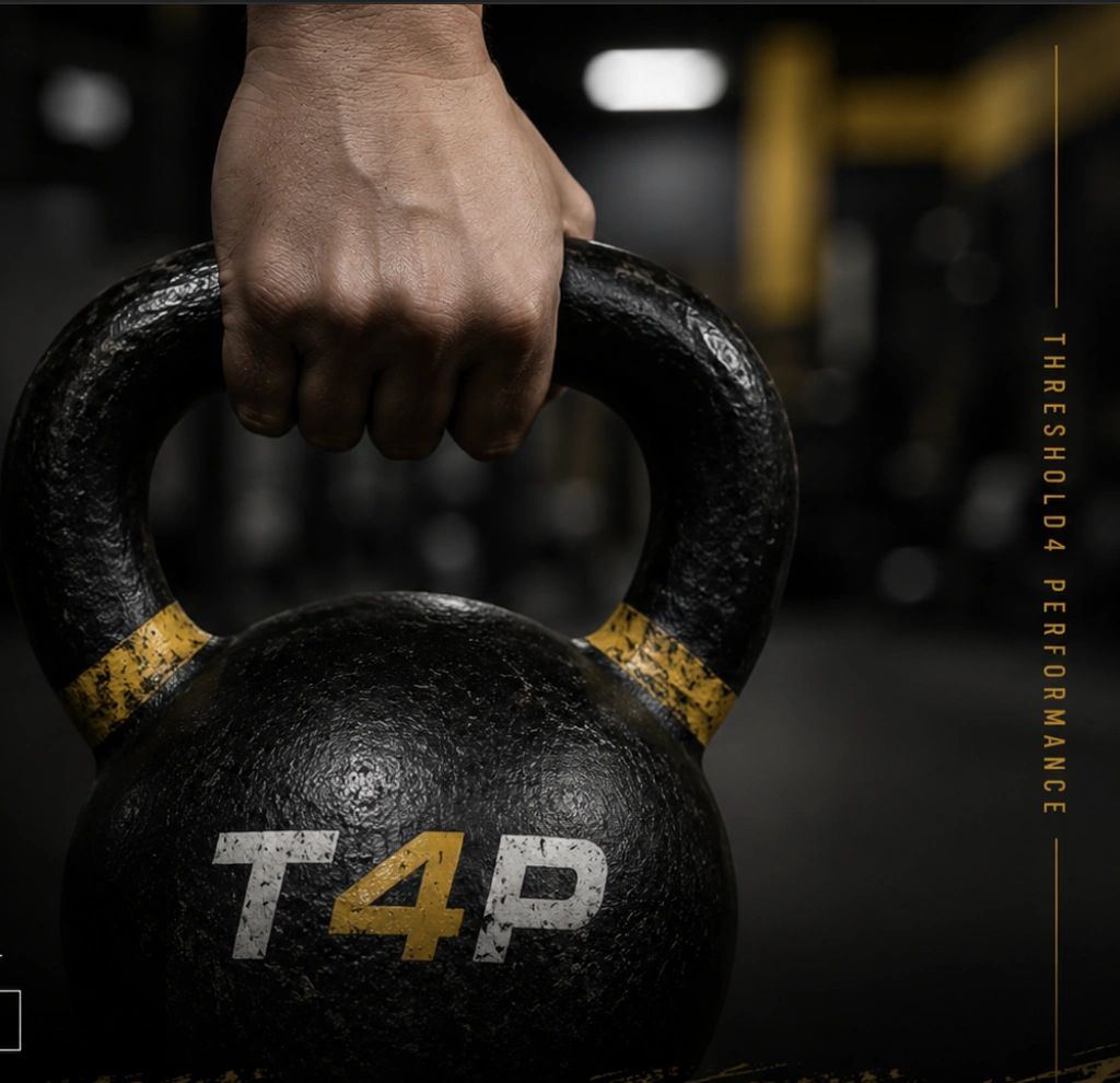 Hand gripping a black T4P kettlebell in the gym